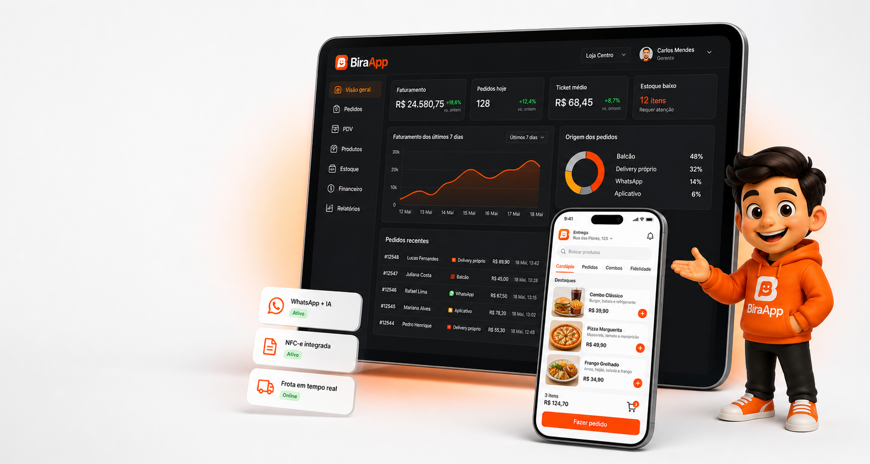 Aplicativo BiraApp em modo claro e painel de gestão em tema escuro
